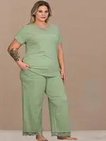 Kısa Kollu Dantelli V Yakalı Pamuklu Büyük Beden Kadın Pijama Takımı Lady B-631 Yeşil detay görünüm