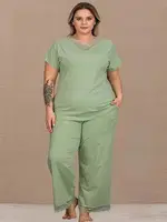 Kısa Kollu Dantelli V Yakalı Pamuklu Büyük Beden Kadın Pijama Takımı Lady B-631 Yeşil