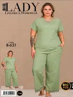 Kısa Kollu Dantelli V Yakalı Pamuklu Büyük Beden Kadın Pijama Takımı Lady B-631 Yeşil farklı açı
