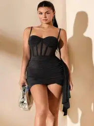 Real Passione Korse Detaylı Drapeli Siyah Mini Elbise Real Passione E1060