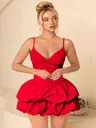 Kırmızı Askılı Balon Etekli Seksi Kadın Mini Elbise Real Passione E1063