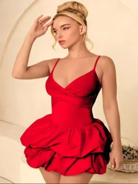 Real Passione Kırmızı Askılı Balon Etekli Seksi Kadın Mini Elbise Real Passione E1063 - Alternatif Görünüm