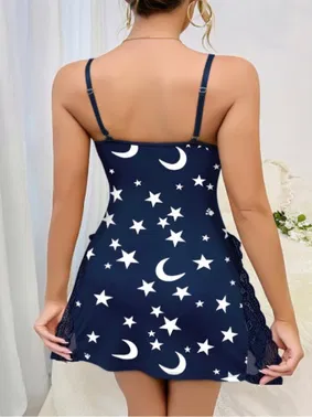 Lily Bianca Lacivert Ay Yıldız Gece Desenli Gecelik Yırtmaçlı Lily Bianca 13104 - Alternatif Görünüm