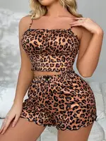 Leopar Desenli Yazlık Şort Pijama Takım Real Passione S-51 Kahverengi görsel 4