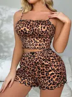 Leopar Desenli Yazlık Şort Pijama Takım Real Passione S-51 Kahverengi