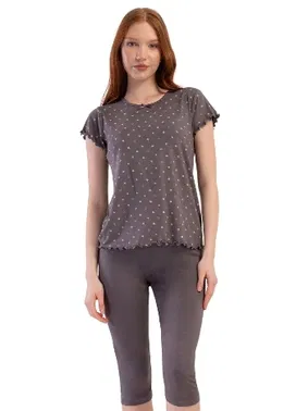 Vienetta Likralı Viskon BÜyük Beden Kayık Yaka Kısa Kol Kapri Pijama Vienetta K409289