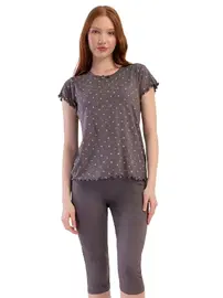 Vienetta Likralı Viskon BÜyük Beden Kayık Yaka Kısa Kol Kapri Pijama Vienetta K409289