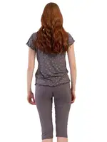 Likralı Viskon BÜyük Beden Kayık Yaka Kısa Kol Kapri Pijama Vienetta K409289 Füme detay görünüm