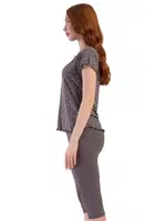 Likralı Viskon BÜyük Beden Kayık Yaka Kısa Kol Kapri Pijama Vienetta K409289 Füme farklı açı