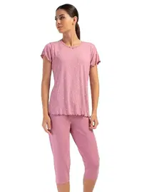 Vienetta Likralı Viskon Battal Kayık Yaka Kısa Kol Kapri Takım Vienetta K404006