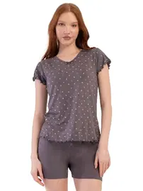 Vienetta Büyük Beden Likralı Viskon V Yaka Kısa Kol Şort Pijama Vienetta K409291