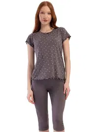 Vienetta Likralı Viskon Kayık Yaka Kısa Kol Eteği Oval Kapri Pijama Takım Vİenetta K409288