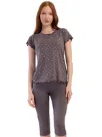 Likralı Viskon Kayık Yaka Kısa Kol Eteği Oval Kapri Pijama Takım Vİenetta K409288 Füme