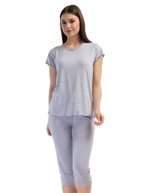 Vienetta Likralı Viskon V Yaka Kısa Kol Eteği Oval Kapri Takım Vienetta K409306