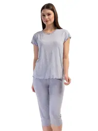 Vienetta Likralı Viskon V Yaka Kısa Kol Eteği Oval Kapri Takım Vienetta K409306