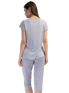 Vienetta Likralı Viskon V Yaka Kısa Kol Eteği Oval Kapri Takım Vienetta K409306 - Alternatif Görünüm