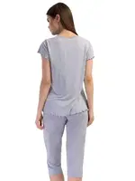 Likralı Viskon V Yaka Kısa Kol Eteği Oval Kapri Takım Vienetta K409306 Gri detay görünüm