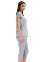 Likralı Viskon V Yaka Kısa Kol Eteği Oval Kapri Takım Vienetta K409306 Gri farklı açı