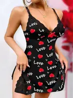 Love Desenli Askılı Dantelli Mini Gecelik Jesica Bella LB-280 Siyah detay görünüm