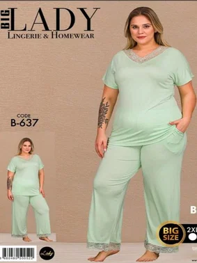 Lady Mint Yeşili Penye Büyük Beden Pijama Takımı Lady B-637 - Alternatif Görünüm