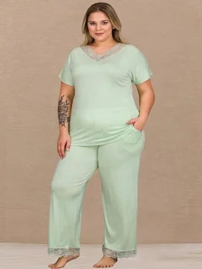Lady Mint Yeşili Penye Büyük Beden Pijama Takımı Lady B-637