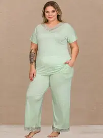 Lady Mint Yeşili Penye Büyük Beden Pijama Takımı Lady B-637