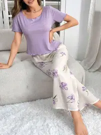 Ruselin Mor Çiçek Desenli Yumuşak Pamuklu Uzun Pijama Takımı Ruselin 5133