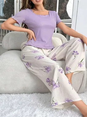 Ruselin Mor Çiçek Desenli Yumuşak Pamuklu Uzun Pijama Takımı Ruselin 5133 - Alternatif Görünüm