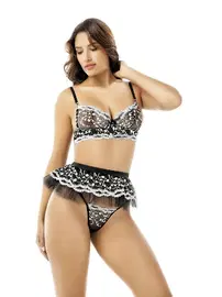 NightLight Siyah Transparan antelli Seksi Sütyen Takım Fırfır Bel Kasesuarlı Nightlight 3580