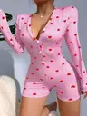 Pamuklu Pembe Kalp Desenli Düğmeli Uzun Kol Tulum Pijama Ruselin 5121