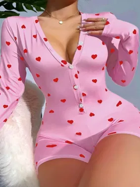 Ruselin Pamuklu Pembe Kalp Desenli Düğmeli Uzun Kol Tulum Pijama Ruselin 5121 - Alternatif Görünüm