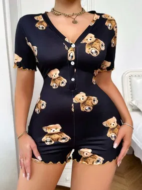 Ruselin Pamuklu Siyah Ayıcık Desenli Düğmeli Tulum Pijama Ruselin 5105 - Alternatif Görünüm