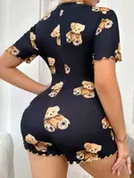 Pamuklu Siyah Ayıcık Desenli Düğmeli Tulum Pijama Ruselin 5105 Siyah görsel 4