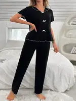 Pamuklu Siyah Fiyonk Detaylı Mevsimlik Pijama Takımı Ruselin 5130 Siyah görsel 4