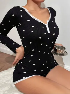 Ruselin Pamuklu Siyah Kalp Desenli Tulum Pijama Ruselin 5122 - Alternatif Görünüm