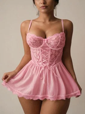 Real Passione Pembe Fantazi Gecelik Tül Dantel İp Örmeli Real Passione 4076