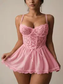 Real Passione Pembe Fantazi Gecelik Tül Dantel İp Örmeli Real Passione 4076