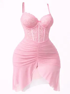 Real Passione Pembe Korse Görünümlü Yırtmaçlı Tül Şık Kadın Gecelik Real Passione 4089 - Alternatif Görünüm