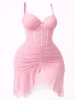 Pembe Korse Görünümlü Yırtmaçlı Tül Şık Kadın Gecelik Real Passione 4089 Pembe detay görünüm