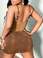 Pırıltılı Askılı Seksi Mini Elbise Pink Night 1150 Kahverengi detay görünüm