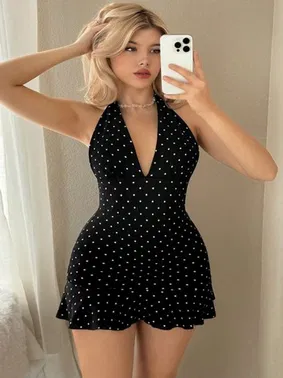 Beleng Puantiyeli Seksi Kadın Mini Dekolteli Elbise Beleng 7505