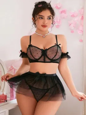 Lily Bianca Puantiyeli Tütülü Siyah Fantazi Sütyen Takım Fantazi  Lily Bianca LB-257