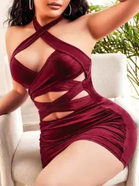 Pink Night Şeritli Kruvaze Dekolteli Bordo midi Club Elbise Pink Night 2332