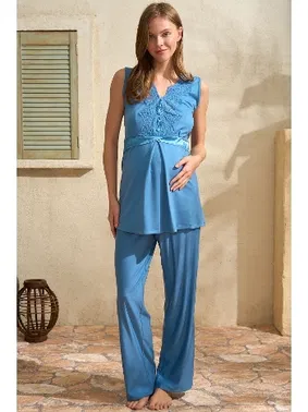 Anıl Sıfır Kol V Yaka Kadın Viskon Düz Yazlık Uzun Dantel Detaylı Hamile Pijama Takımı Sabahlık Anıl Anıl 5771 - Alternatif Görünüm