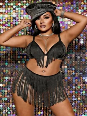 Nathalie Siyah Büyük Beden Püsküllü Fantazi Gecelik Nathalie NTH02