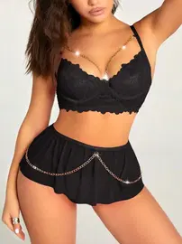 Real Passione Siyah Dantel İşlemeli Zincirli Etekli Fantezi Sütyen Takım Real Passione 70031