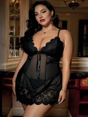 Real Passione Siyah Dantelli Askılı Mini Tül Büyük Beden Seksi Gecelik Real Passione 13127 - Alternatif Görünüm