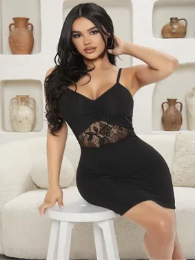 Ruselin Siyah Göbek Dantelli Fantezi Mini Siyah Elbise Ruselin 5142