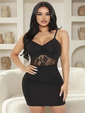 Ruselin Siyah Göbek Dantelli Fantezi Mini Siyah Elbise Ruselin 5142 - Alternatif Görünüm