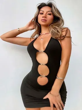 Ruselin Siyah Göğüs Dekolteli Kalp Detaylı Mini Seksi Elbise Ruselin 5138